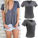 Womens Fashion Summer Casual Wear Clothing Plain V-Neck Hollow Out Short Sleeve T-Shirts Top Grey XL