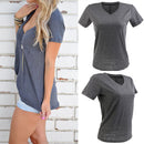Womens Fashion Summer Casual Wear Clothing Plain V-Neck Hollow Out Short Sleeve T-Shirts Top Grey XL