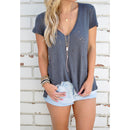 Womens Fashion Summer Casual Wear Clothing Plain V-Neck Hollow Out Short Sleeve T-Shirts Top Grey XL