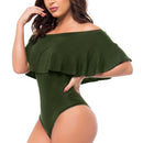 Women Girls Fashionable Comfortable Wear Off-Shoulder Short Sleeves Ruffled Romper Bodysuit Jumpsuit Green Size L