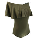 Women Girls Fashionable Comfortable Wear Off-Shoulder Short Sleeves Ruffled Romper Bodysuit Jumpsuit Green Size L