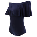 Women Girls Fashionable Comfortable Wear Off-Shoulder Short Sleeves Ruffled Romper Bodysuit Jumpsuit Dark Blue Size S