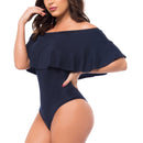Women Girls Fashionable Comfortable Wear Off-Shoulder Short Sleeves Ruffled Romper Bodysuit Jumpsuit Dark Blue Size S