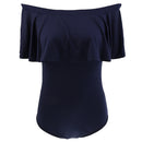 Women Girls Fashionable Comfortable Wear Off-Shoulder Short Sleeves Ruffled Romper Bodysuit Jumpsuit Dark Blue Size S