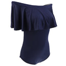 Women Girls Fashionable Comfortable Wear Off-Shoulder Short Sleeves Ruffled Romper Bodysuit Jumpsuit Dark Blue Size S