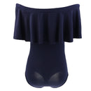 Women Girls Fashionable Comfortable Wear Off-Shoulder Short Sleeves Ruffled Romper Bodysuit Jumpsuit Dark Blue Size S