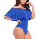Women Girls Fashionable Comfortable Wear Off-Shoulder Short Sleeves Ruffled Romper Bodysuit Jumpsuit Blue Size L