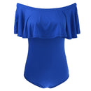 Women Girls Fashionable Comfortable Wear Off-Shoulder Short Sleeves Ruffled Romper Bodysuit Jumpsuit Blue Size XL
