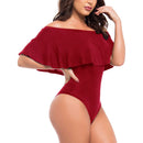 Women Girls Fashionable Comfortable Wear Off-Shoulder Short Sleeves Ruffled Romper Bodysuit Jumpsuit Red Size S
