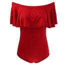 Women Girls Fashionable Comfortable Wear Off-Shoulder Short Sleeves Ruffled Romper Bodysuit Jumpsuit Red Size S