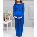 Women Elastic Waist Maxi Maternity Clothing Outfit Dress Pregnant Photo Props Casual Wear Long Sleeve Dress Gift Blue