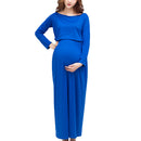 Women Elastic Waist Maxi Maternity Clothing Outfit Dress Pregnant Photo Props Casual Wear Long Sleeve Dress Gift Blue