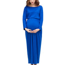 Women Elastic Waist Maxi Maternity Clothing Outfit Dress Pregnant Photo Props Casual Wear Long Sleeve Dress Gift Blue