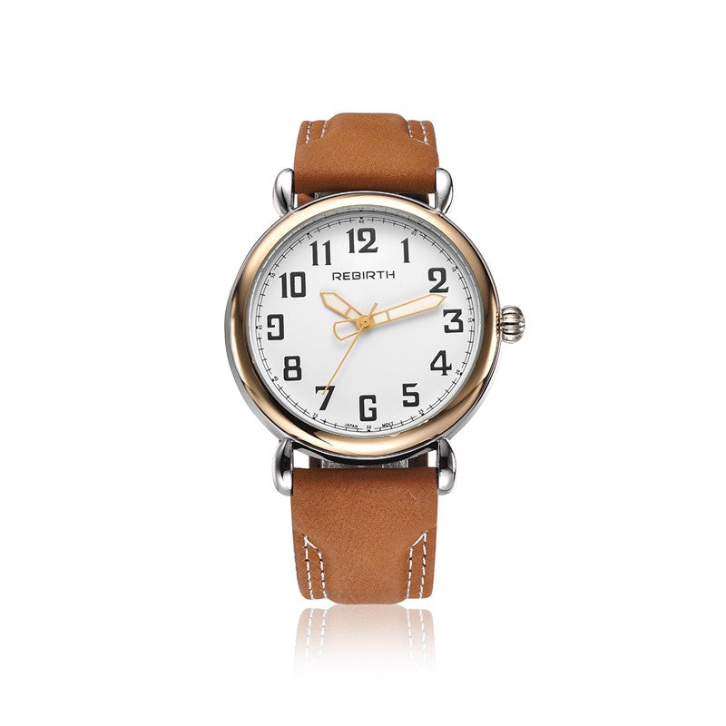 REBIRTH RE032 Gold Case Male Wristwatch Leather Band Quartz Movement Watch