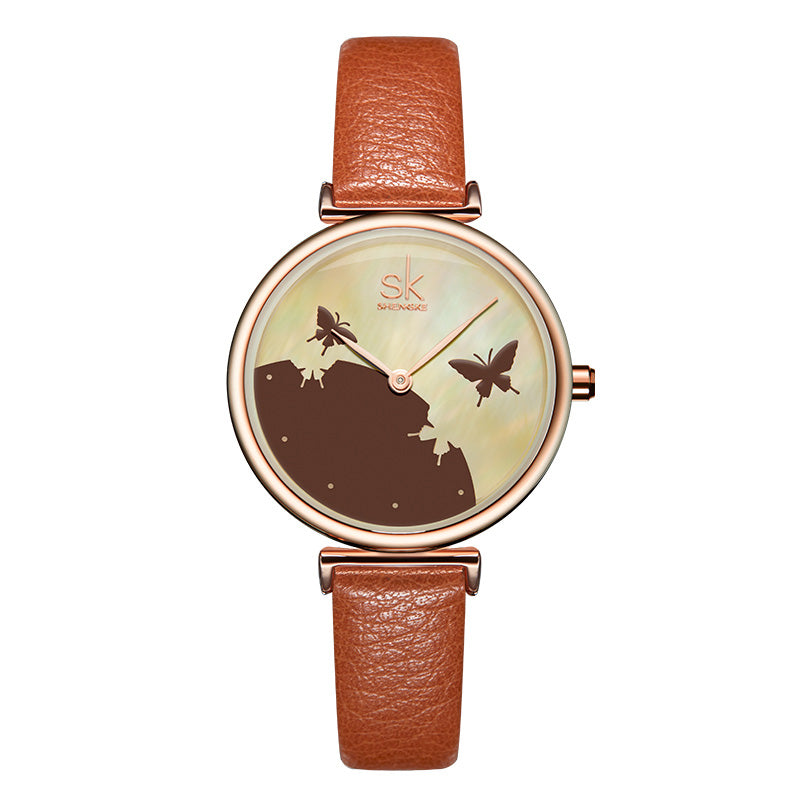 SHENGKE SK K0101 Concise Butterfly Leather Strap Fashion Female Wristband Fresh Color Women Quartz Watch