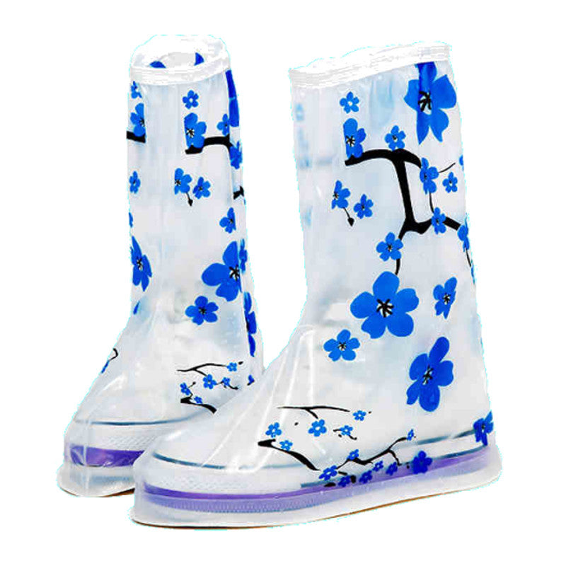 1Pair PVC Reusable Rain Shoe Covers Non-slip Boots Thicken Soles Raincoats Impermeable Blue Plum Flower Overshoes