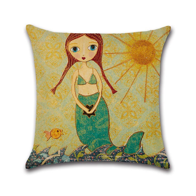 Mermaid Printed Cotton Linen Cushion Cover Square Home Decor Soft Comfortable Pillow Case