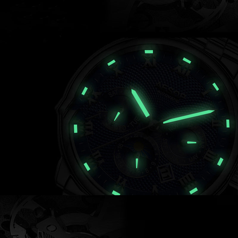 Aesop 9016G Full Steel Automatic Mechanical Watch 3ATM Waterproof Calendar Men Watch