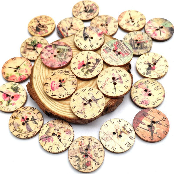 50PCS 25MM 2 Holes Decorative Clock Pattern Log Painted Round Shape Fasteners Buttons