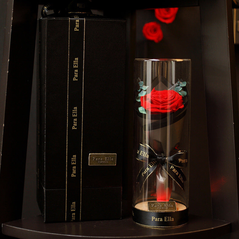 Para Ella Preserved Fresh Rose Flower with Fallen Petals in Glass Dome on a Wooden Base Decorations