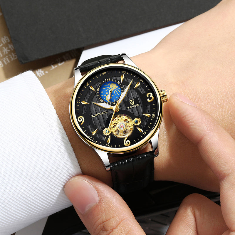 TEVISE T820B Casual Moon Phase Automatic Mechanical Watch Luxury Leather Strap Men Watch