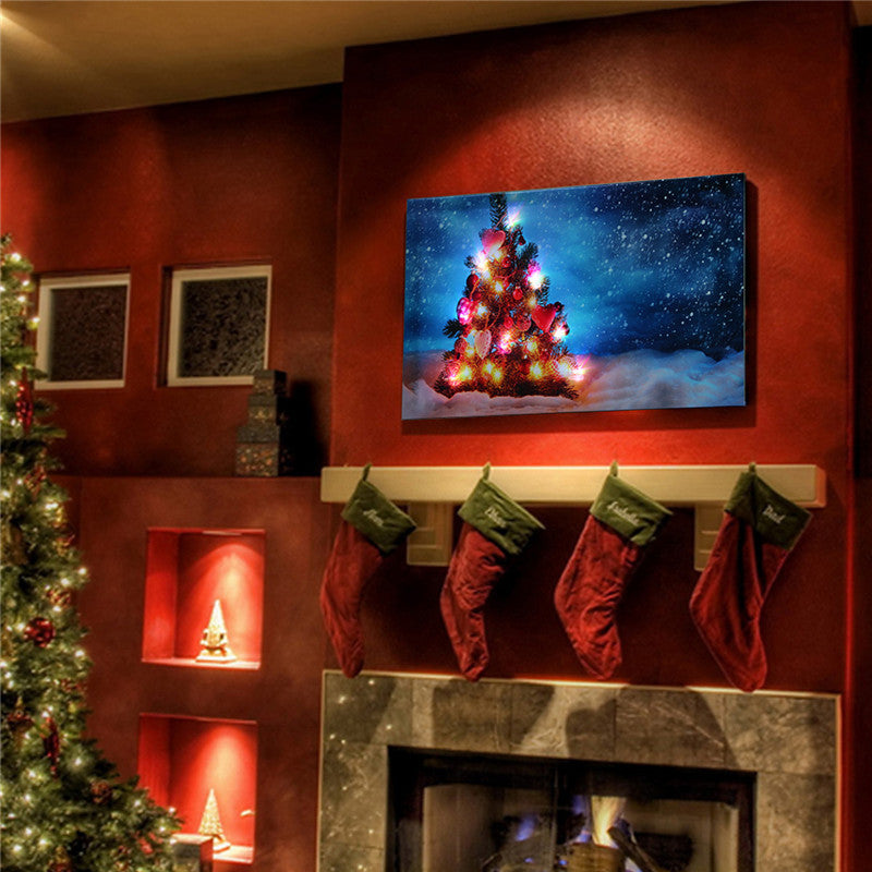 40 x 30cm Operated LED Christmas Snowy Tree Xmas Canvas Print Wall Art