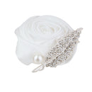 Men Women Satin Crystal Leaf Faux Pearl Boutonniere Corsage For Wedding Formal Party Supplies White