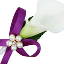 Men Women Satin Leaf Faux Pearl Dark Purple Ribbon Boutonniere Corsage Tuxedo Calla Lily Brooch Pin For Wedding Formal Party Supplies
