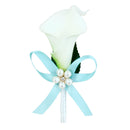 Men Women Satin Leaf Faux Pearl Skyblue Ribbon Boutonniere Corsage Tuxedo Calla Lily Brooch Pin For Wedding Formal Party Supplies