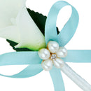 Men Women Satin Leaf Faux Pearl Skyblue Ribbon Boutonniere Corsage Tuxedo Calla Lily Brooch Pin For Wedding Formal Party Supplies