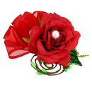 Women Faux Pearl Polyester Boutonniere Corsage Brooch Pin For Wedding Formal Party Supplies Red