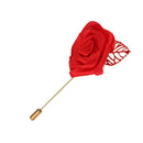 Classic Lapel Red Rose With Golden Leaf Boutonniere Stick Brooch Pin Corsage