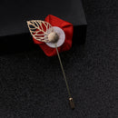 Classic Lapel Red Rose With Golden Leaf Boutonniere Stick Brooch Pin Corsage