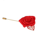 Classic Lapel Red Rose With Golden Leaf Boutonniere Stick Brooch Pin Corsage