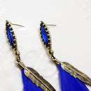 Vintage Leaf Charm Feather Drop Dangle Hook Earrings for Women Blue