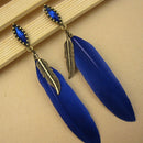 Vintage Leaf Charm Feather Drop Dangle Hook Earrings for Women Blue