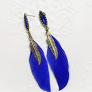 Vintage Leaf Charm Feather Drop Dangle Hook Earrings for Women Blue