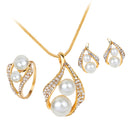 Rhinestone White Pearls Necklace Earrings Ring Gift Jewelry Set for Wedding Bridal