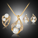 Rhinestone White Pearls Necklace Earrings Ring Gift Jewelry Set for Wedding Bridal