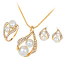 Rhinestone White Pearls Necklace Earrings Ring Gift Jewelry Set for Wedding Bridal