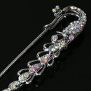 Crystal Peacock Charm Safety Pin Brooch Clip Ladies Scarf Coat Gown Pin Silver
