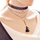 Gothic 3 Layers Triangle Rivet Tassel Pendant Necklace Women Lace Jewelry