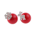 Women Red Pearl Double sided Earrings Stud Crystal Snowflake Deer Christmas 16mm
