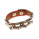 Brown Leather Bracelet Skull Charm Punk Jewelry Cuff Adjustable Wristband