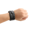 Black Retro Braided Mens Wide Leather Wristband Snap Buttons Bangle Bracelet