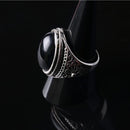 Male Jewelry Vintage Round Ring Black Crystal Flower Carved Mens Ring
