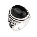 Male Jewelry Vintage Round Ring Black Crystal Flower Carved Mens Ring