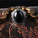 Mens Jewelry Vintage Round Ring Black Crystal Flower Carved Mens Ring 20mm