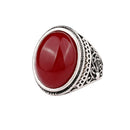 Metal Alloy Engraved Ring Mens Wedding Band Silver Red Oval Gemstone Sz 9