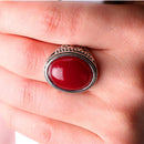 Metal Alloy Engraved Ring Mens Wedding Band Silver Red Oval Gemstone Sz 8